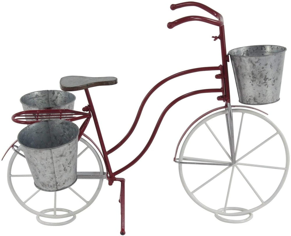 Eclectic 22 Inch Red White Bicycle Plant Stand Grey Bohemian Metal