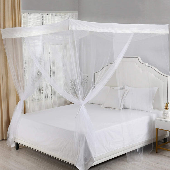 UKN 4 Post Hanging Sheer Bed Canopy White Polyester