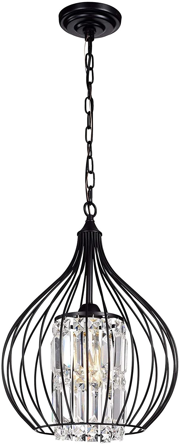 Matte Black 1 Light Pendant Crystal Shade Modern Contemporary Traditional