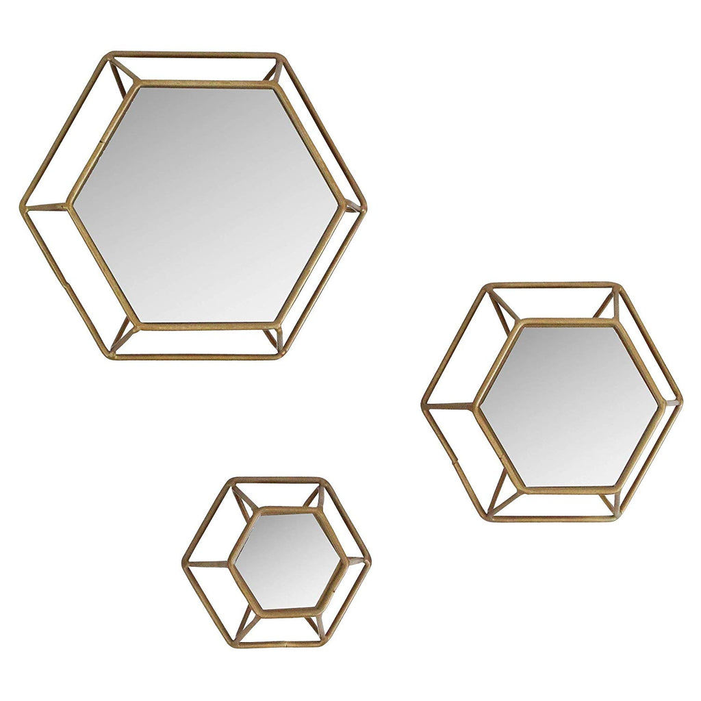 Hexagonal Hexagon Mirror Wall Mounted Mirrors Hanging Vertical Modern Gold Metal Glass 3 Piece