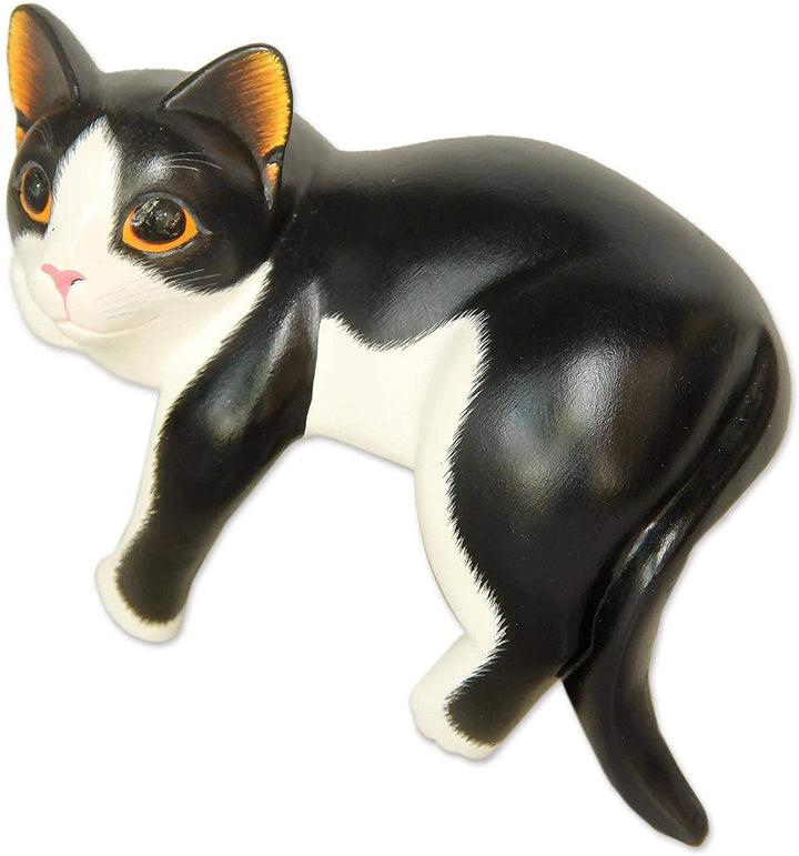 Handmade Tuxedo Cat Relaxes Wood Sculpture (Indonesia) 4