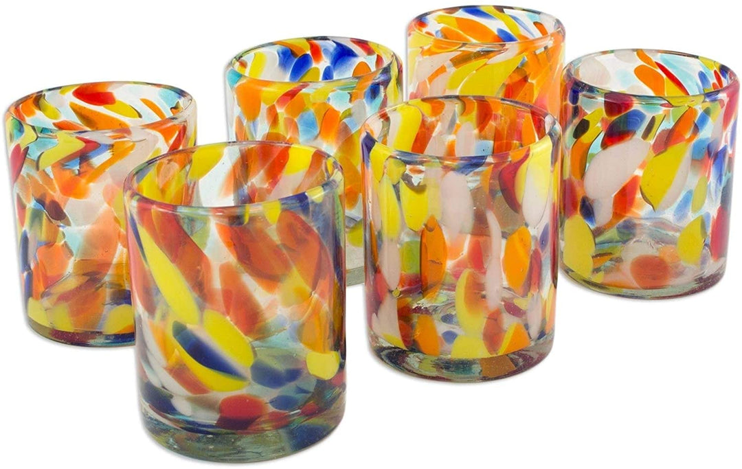 Handmade Set 6 Glasses Liquid Confetti Multicolor Bright Tumblers (Mexico) Color Glass - Diamond Home USA