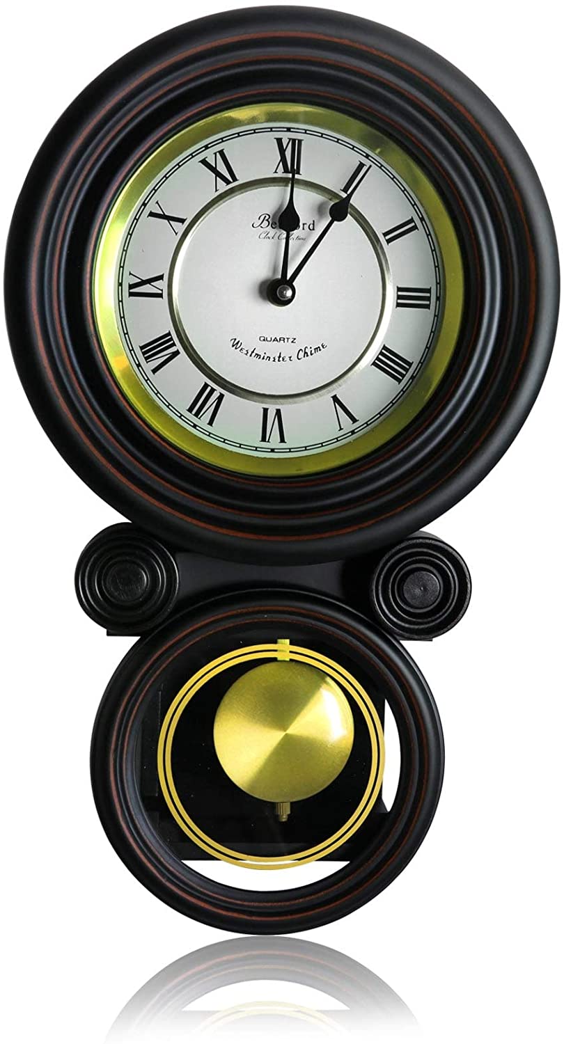 Decorative Round Wall Clock Pendulum Black Wood Oak