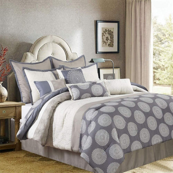 Grand 10 Piece Comforter Set Accent Pillows Grey Medallion Modern Contemporary 10 Pieces More Bedskirt Included