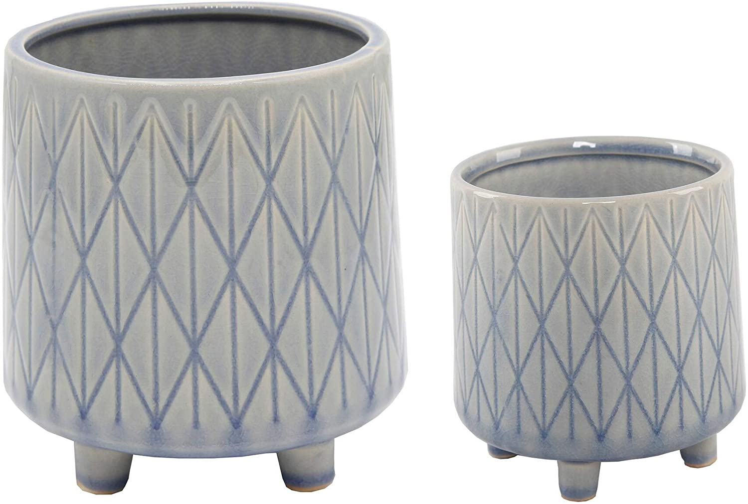 4 5" Diamond Line Ceramic Planter Legs Set 2glass Blue Mid Century Modern Handmade