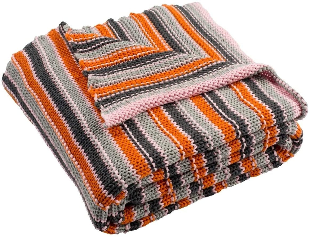 Candy Stripe Knit Throw Blanket Orange Striped Modern Contemporary Shabby Chic Victorian Cotton - Diamond Home USA