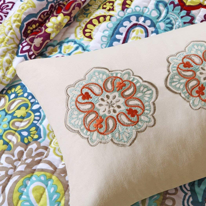 OS 4 Piece Paisley Themed Quilt Full Queen Set Medallion Floral Pattern Gorgeous Flowers Motif Boho Chic Hippie French Country Design Red Purple Green - Diamond Home USA