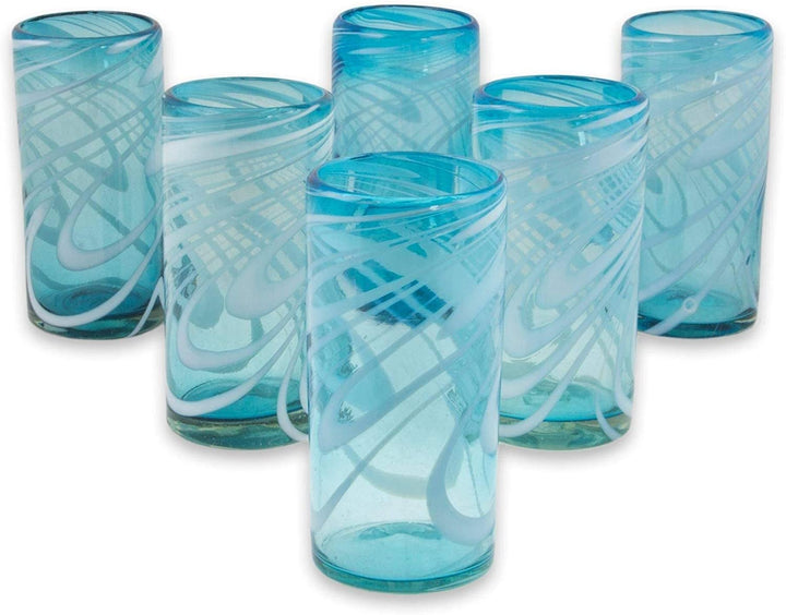 Handmade Blown Glass Highball Glasses Whirling Aquamarine (Mexico) Blue - Diamond Home USA