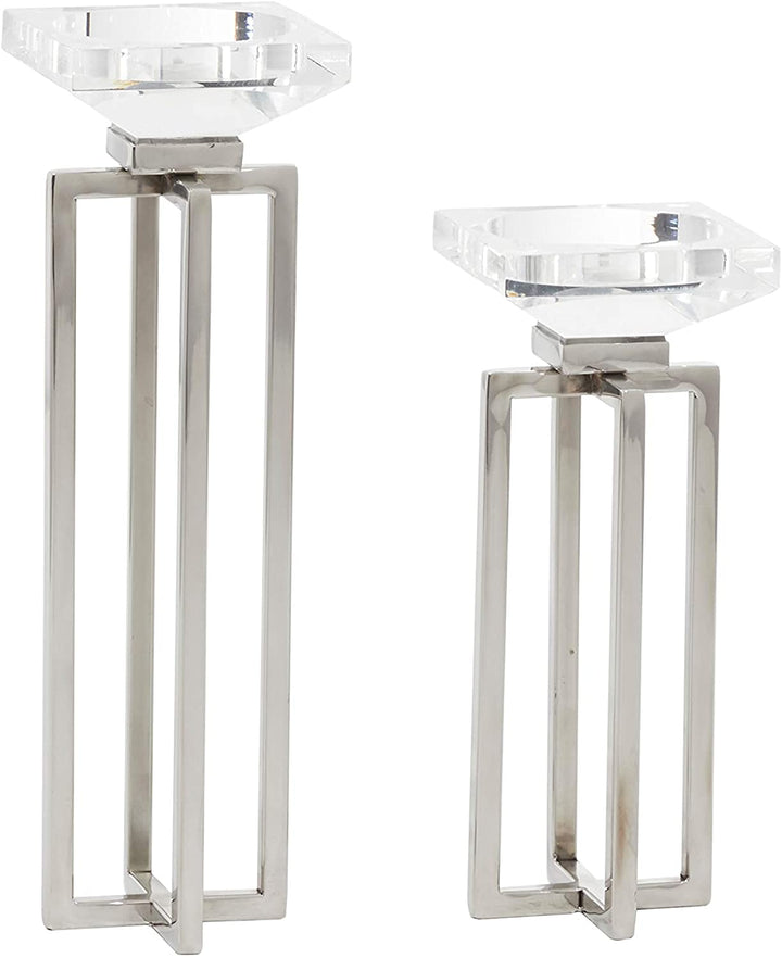 2 Pcs Candle Holders Pillar Candles Modern Glass Stainless Steel Centerpieces Home Silver 4 X 13 White - Diamond Home USA