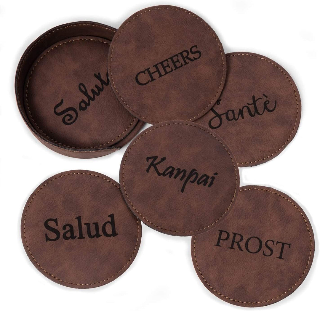 6 Coaster Set Holder Vintage Rustic Brown