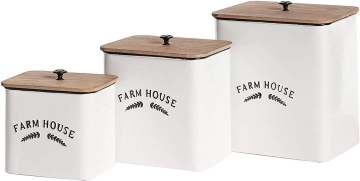 Square Black White Metal Containers Natural Wood Lid Set 3 11" 10" 8" 10 X 7 11 Farmhouse - Diamond Home USA