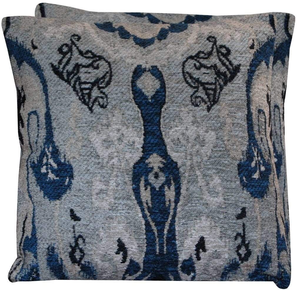 Handmade Chenille Ikat 20" Throw Pillow (Set 2) Blue Grey Ivory Bohemian Eclectic Transitional Two Pillows