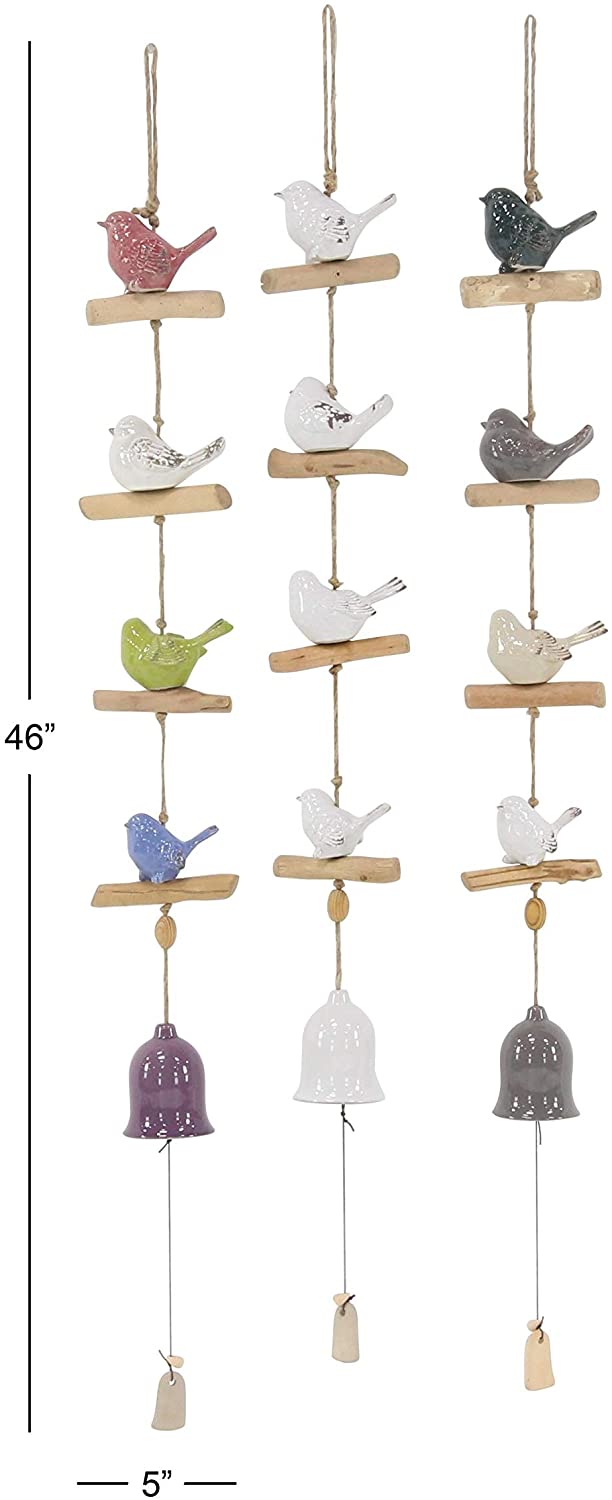 Set 3 Natural Ceramic Birds Bells Wind Chime White Bohemian Eclectic Stoneware