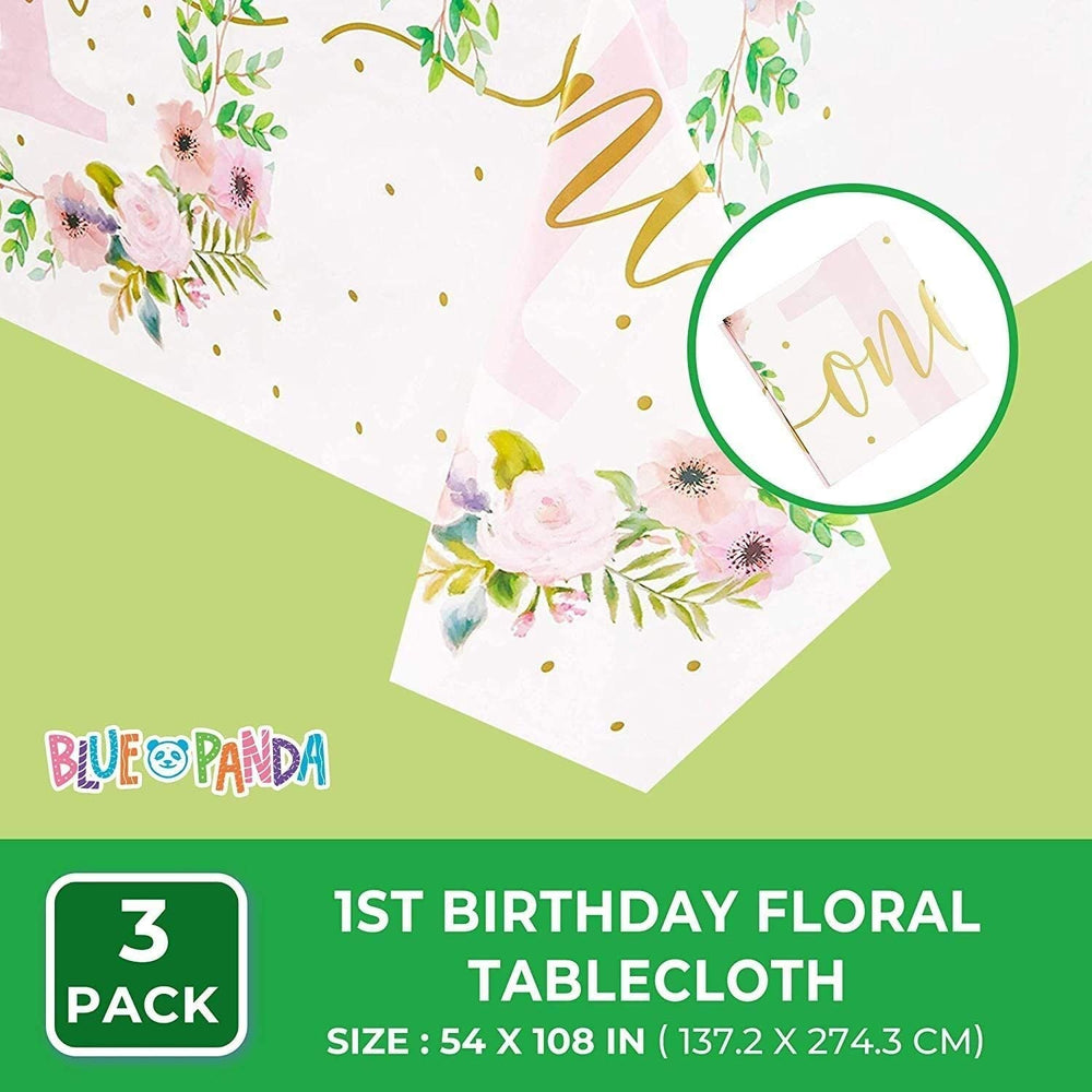 3 Rectangle Plastic Tablecloths Floral Girl Baby One 1st Birthday Party Color Synthetic Fiber - Diamond Home USA