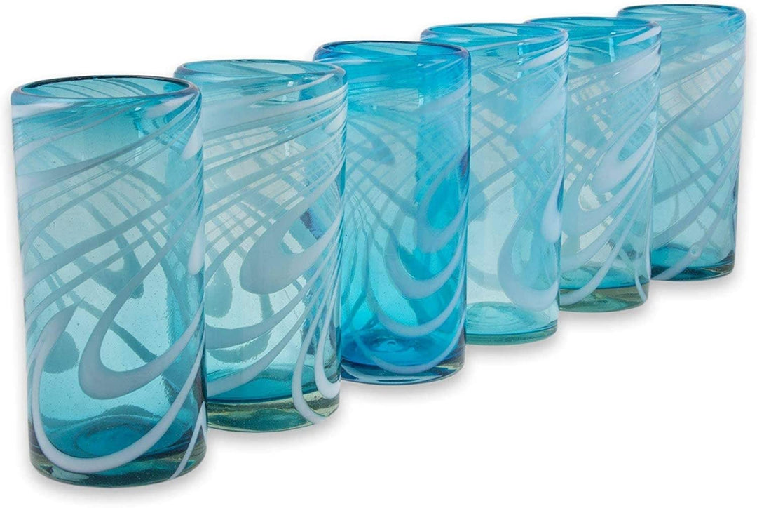 Handmade Blown Glass Highball Glasses Whirling Aquamarine (Mexico) Blue - Diamond Home USA