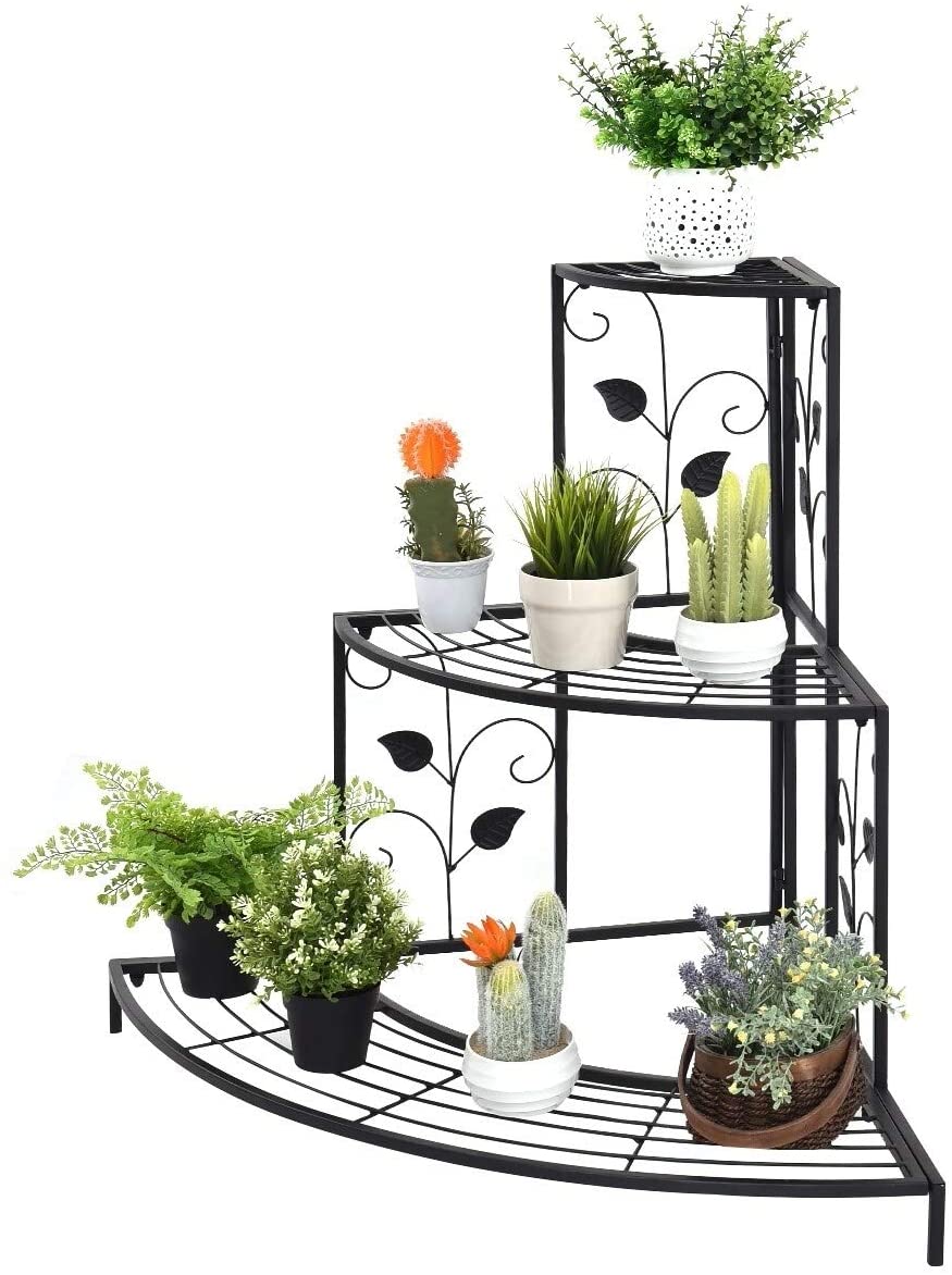 3 Tier Metal Plant Pot Shelf Corner Stand Display Rack Black Modern Contemporary