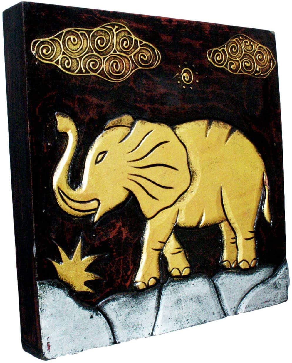 Handmade 'Elephant' Wall Panel (Indonesia) Gold Bohemian Eclectic Hand Painted Art Wood - Diamond Home USA