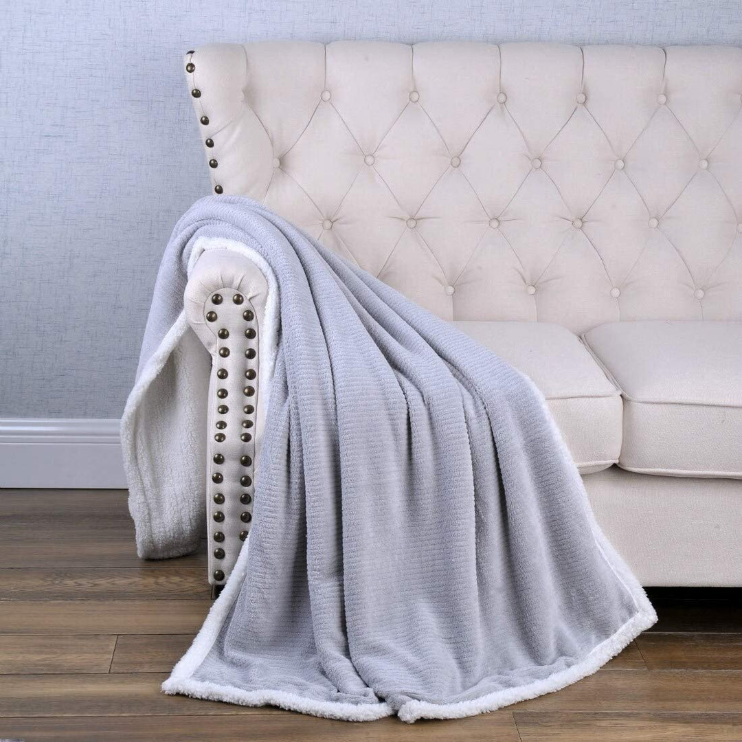 Tangier Ultra Soft Sherpa Bed Sofa Couch Throw Blanket Grey White Solid Color Striped Casual Modern Contemporary Microfiber