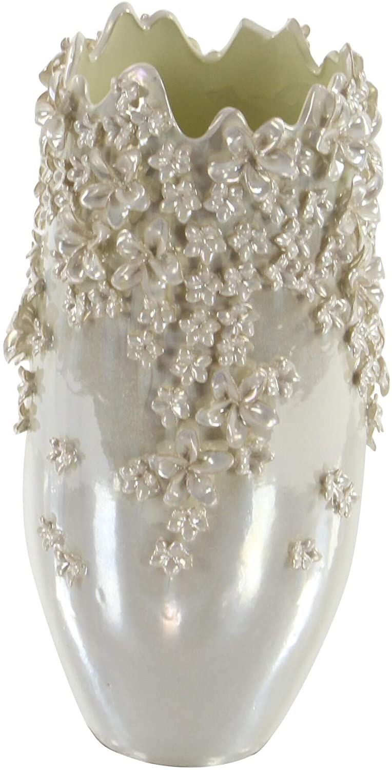 White Ceramic 19 inch High X 10 inch Wide 3D Applique Vase - Diamond Home USA