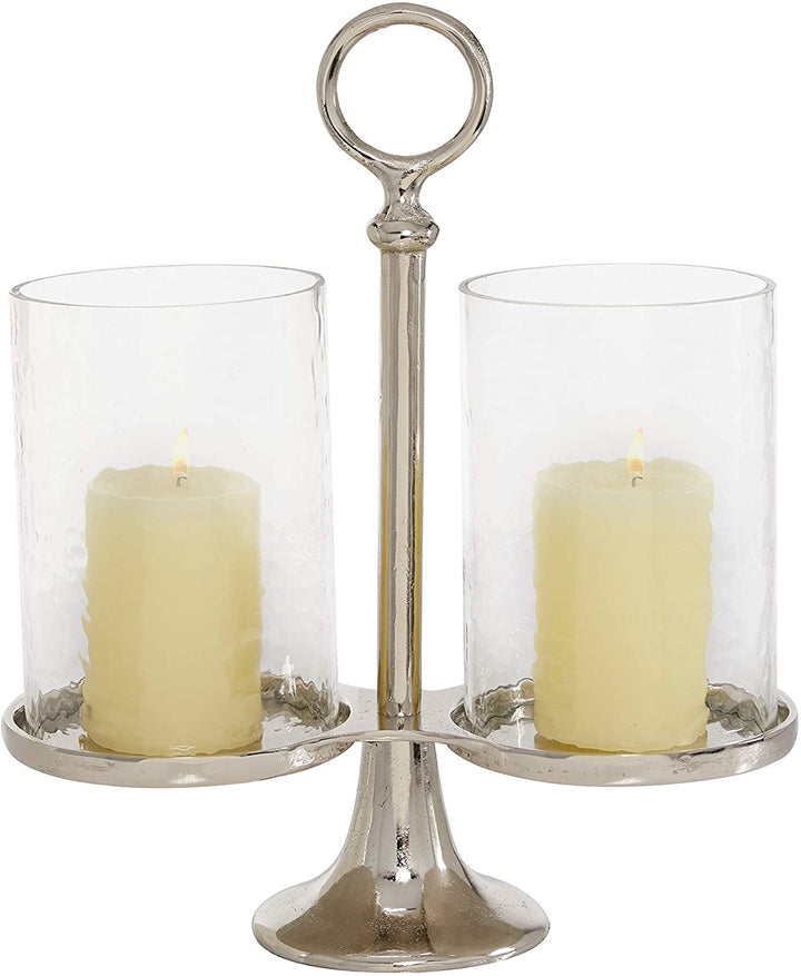 Double Silver Hurricane Candle Holder Textured Glass 12