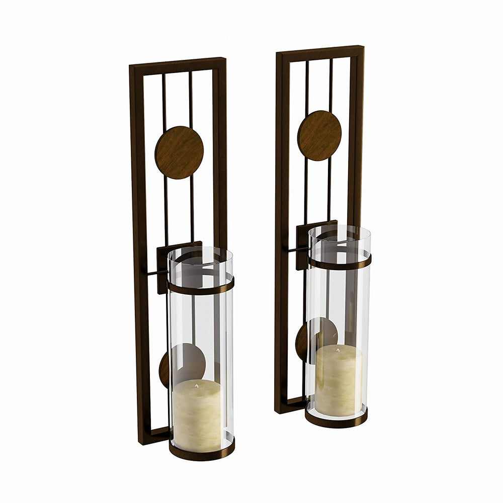 Brown Tan Candle Holders Metal Sconce Set Modern Contemporary Wall Sconces Candles Warm Romantic Ambiance Elegant Geometric Design Circle Pattern Iron