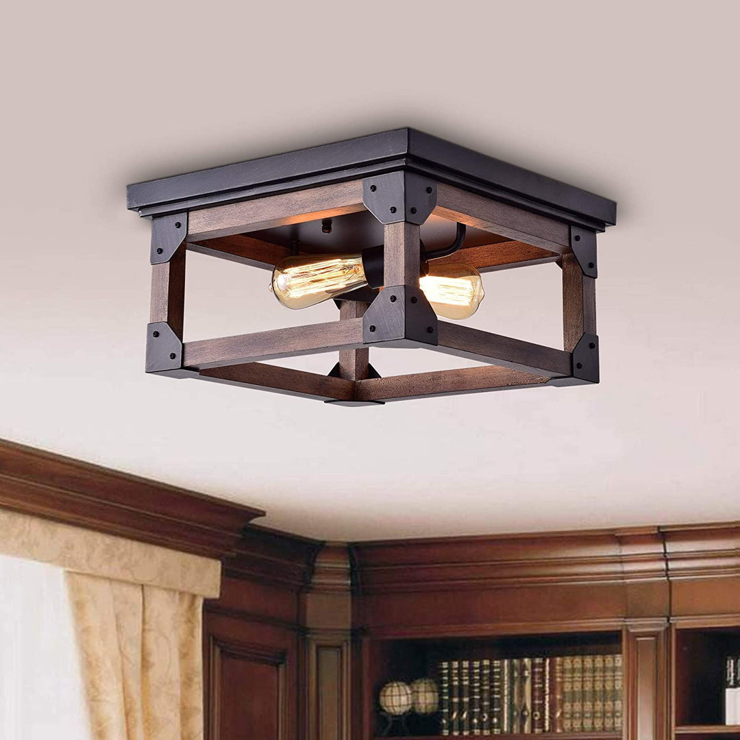 Black Wood Industrial Square 2 Light Flush Mount Fixture