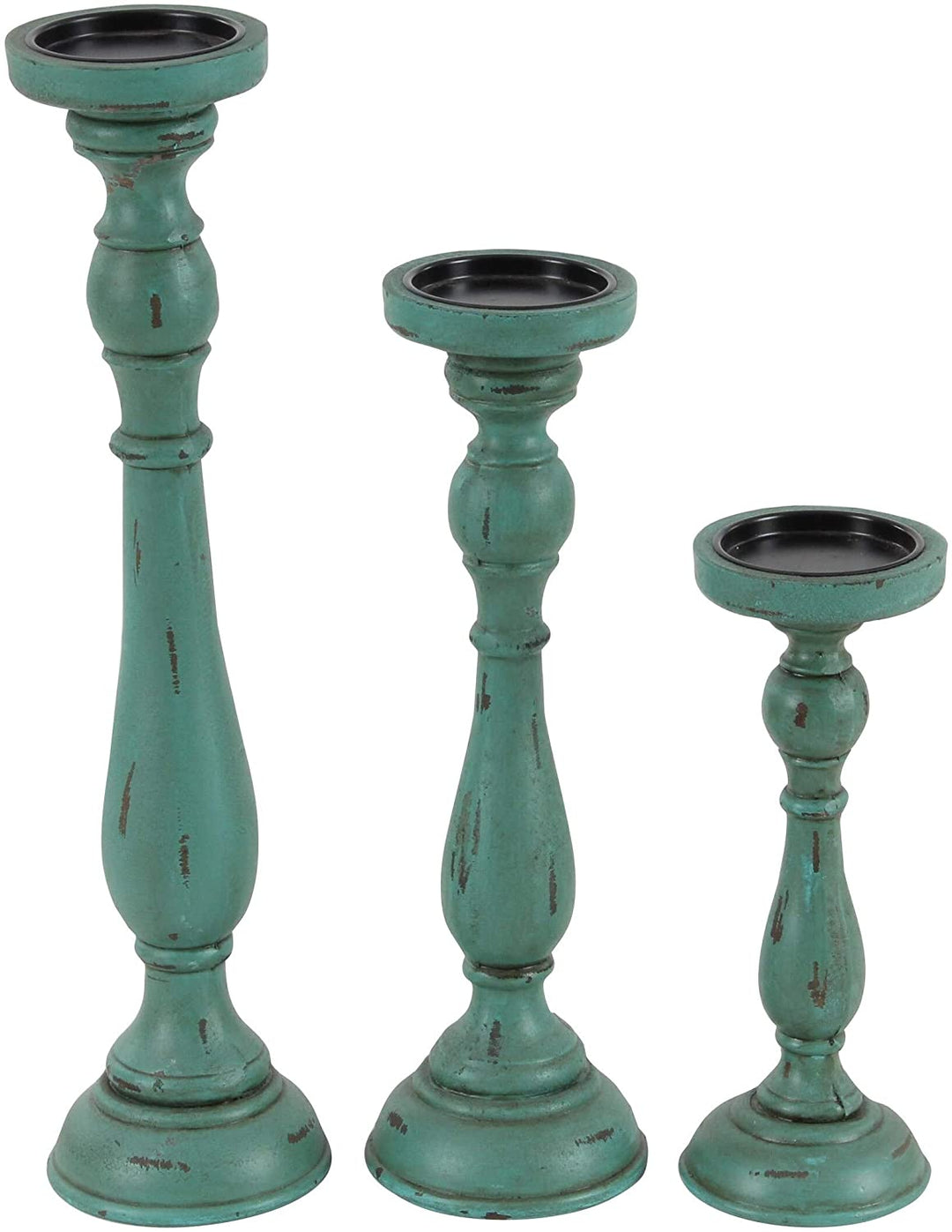 Wood Teal Candle Holders (Set 3) Blue Green