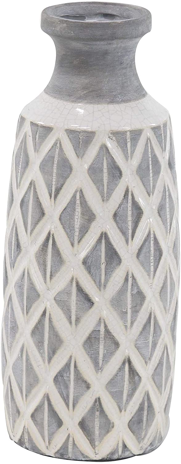 16 inch Traditional Ceramic Cylindrical Crisscross Vase Grey