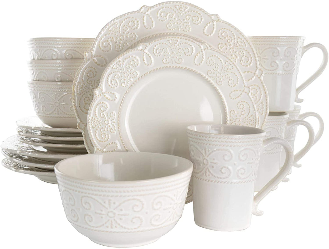 16 Piece Embossed Scalloped Stoneware Dinnerware Set White