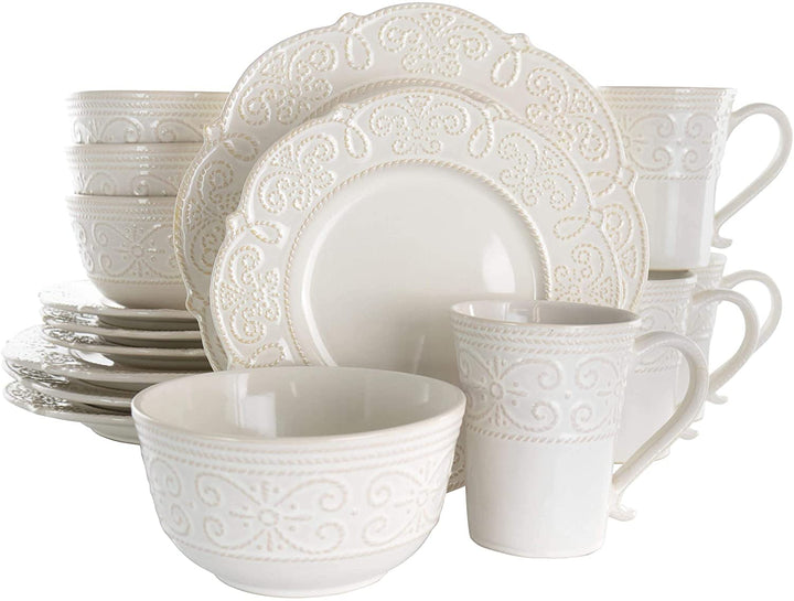 16 Piece Embossed Scalloped Stoneware Dinnerware Set White