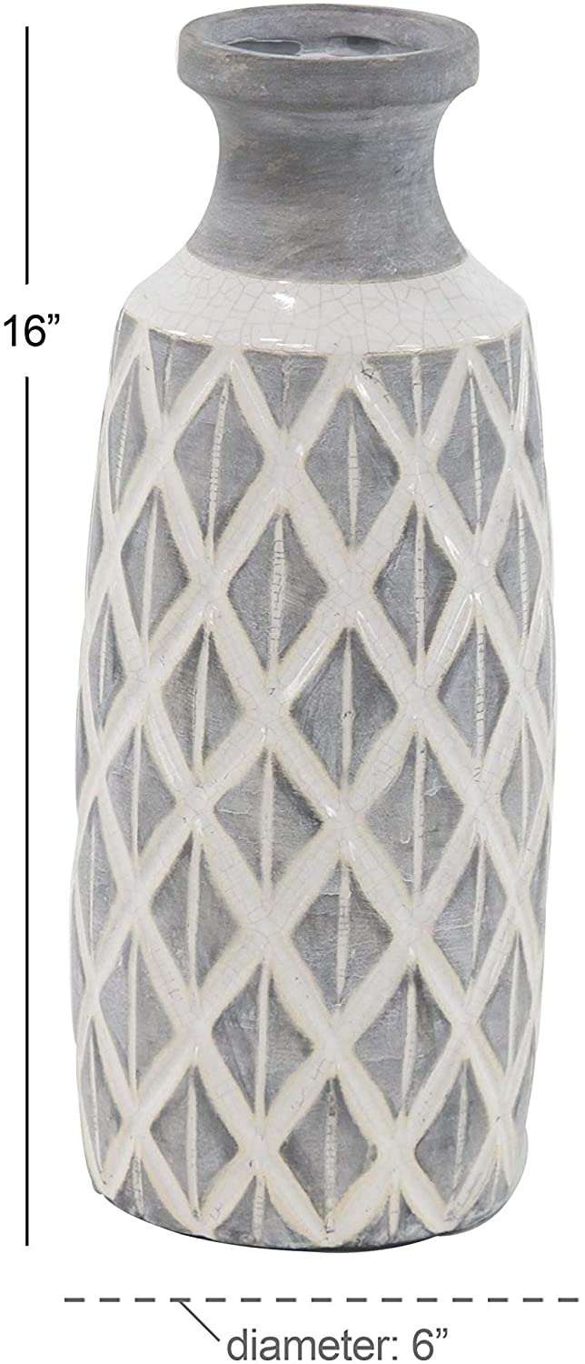 16 inch Traditional Ceramic Cylindrical Crisscross Vase Grey Mid Century Modern Scandinavian Stoneware - Diamond Home USA