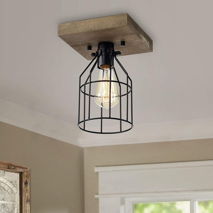 1 Light Wood Metal Cage Flush Mount Bohemian