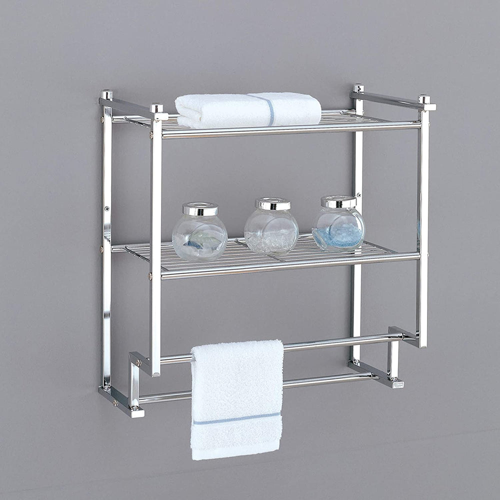 2 Tier Wall Mounted Shelf Towel Rack 17 6x9 6x18 2 Grey Modern Contemporary Steel Chrome Finish - Diamond Home USA