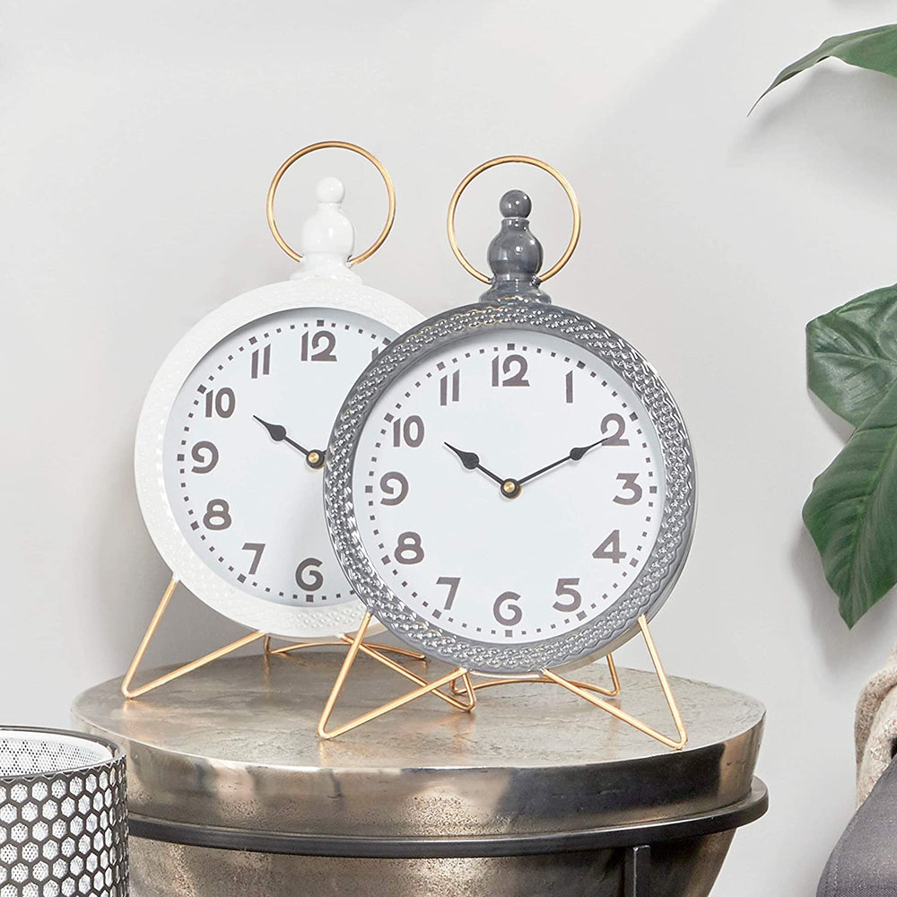 Large Round Gray White Metal Table Clocks Finials Gold Top Loops Feet Set 2 10" X 16" Each 10 8 16round Color Traditional Iron - Diamond Home USA