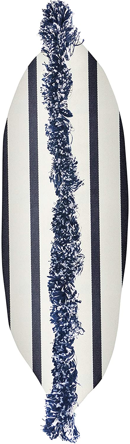 Indigo Striped Indoor/Outdoor Square Pillow Fringe Blue White Transitional Fabric Polyester Fade Resistant Uv - Diamond Home USA