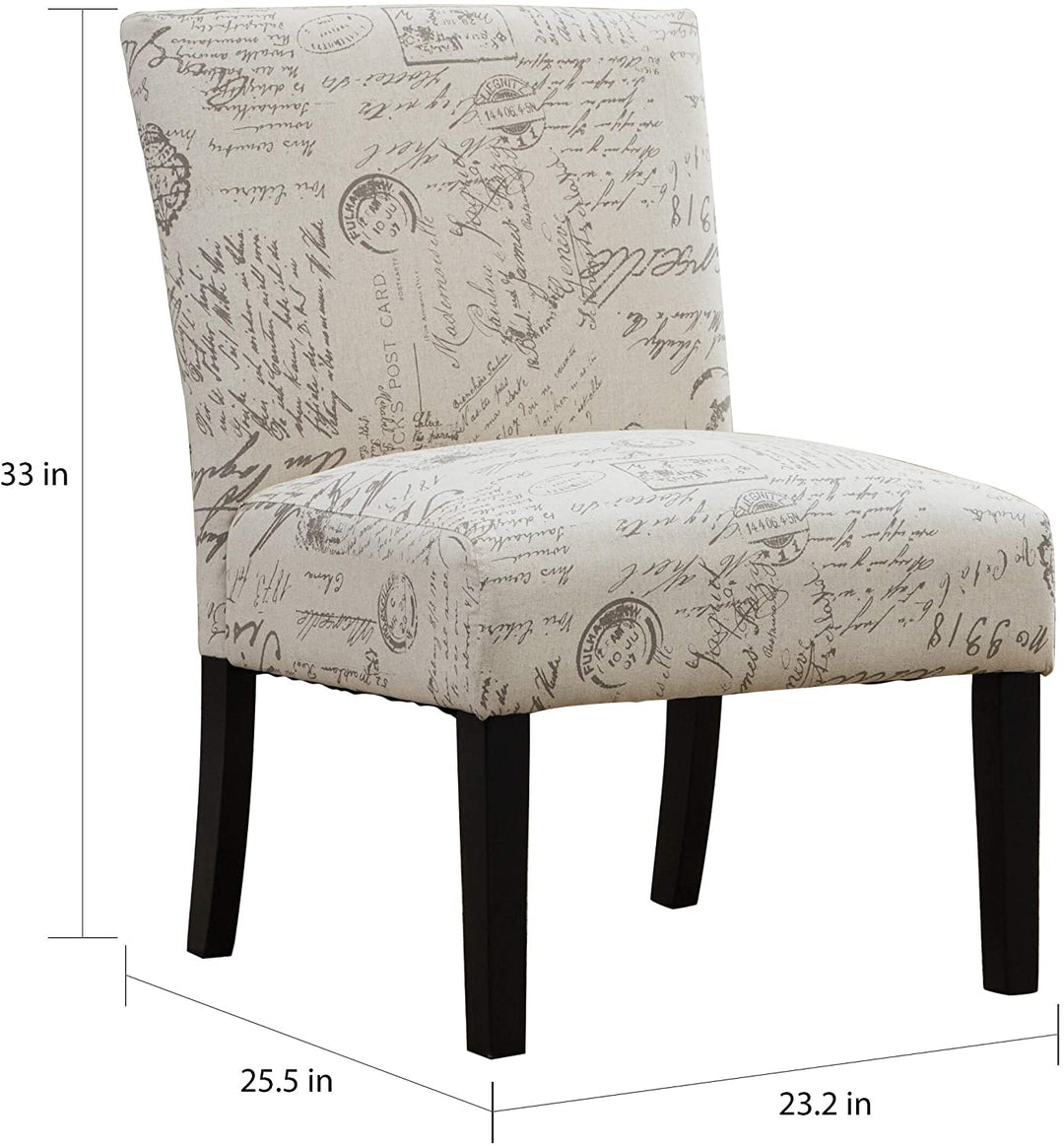 English Letter Fabric Armless Accent Chair Beige Cream Floral Casual Traditional Solid Wood Finish Padded Seat - Diamond Home USA