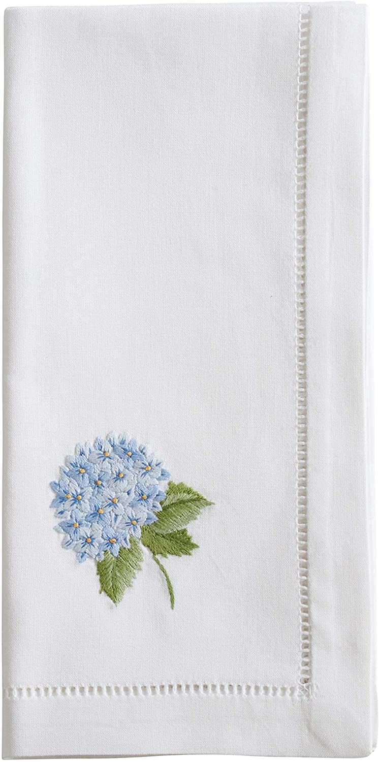 Hemstitch Napkins Embroidered Blue Hydrangea Design (Set