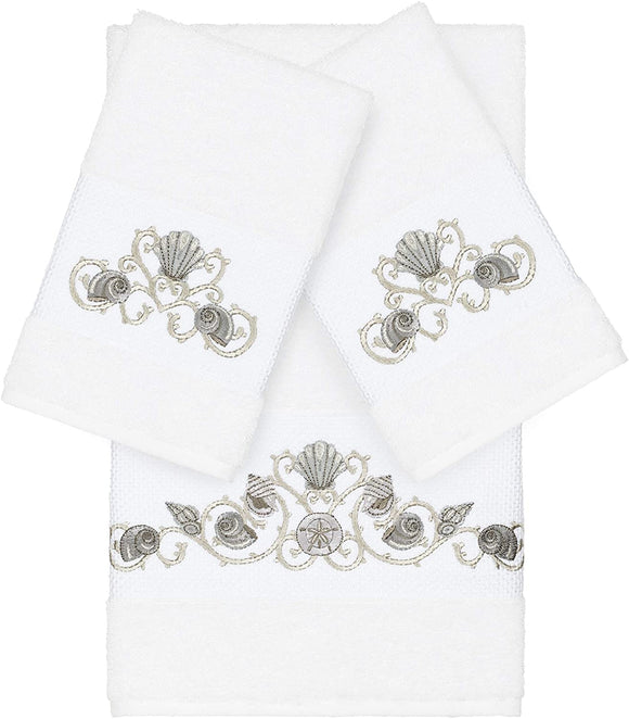 UKN Turkish Cotton Shells Embroidered White 3 Piece Towel Set Novelty Cloth