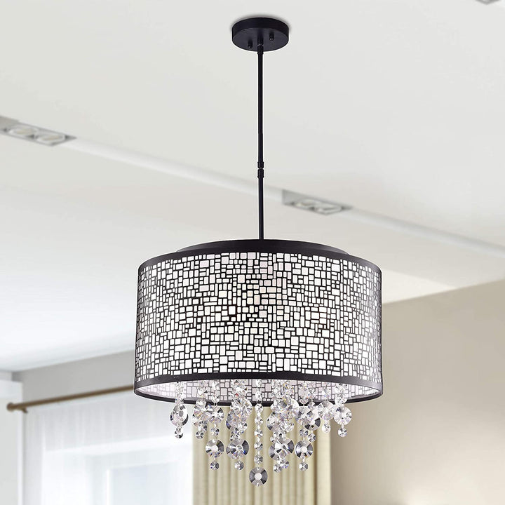 4 Light Black Metal Crystal Drum Chandelier Modern