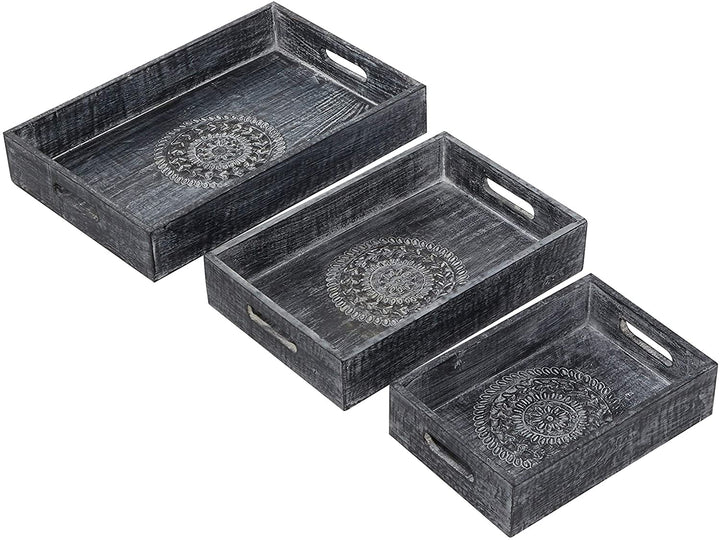 Black Wooden Trays Carving Set 3 18" 15" 12" 18 X 12 Wood - Diamond Home USA