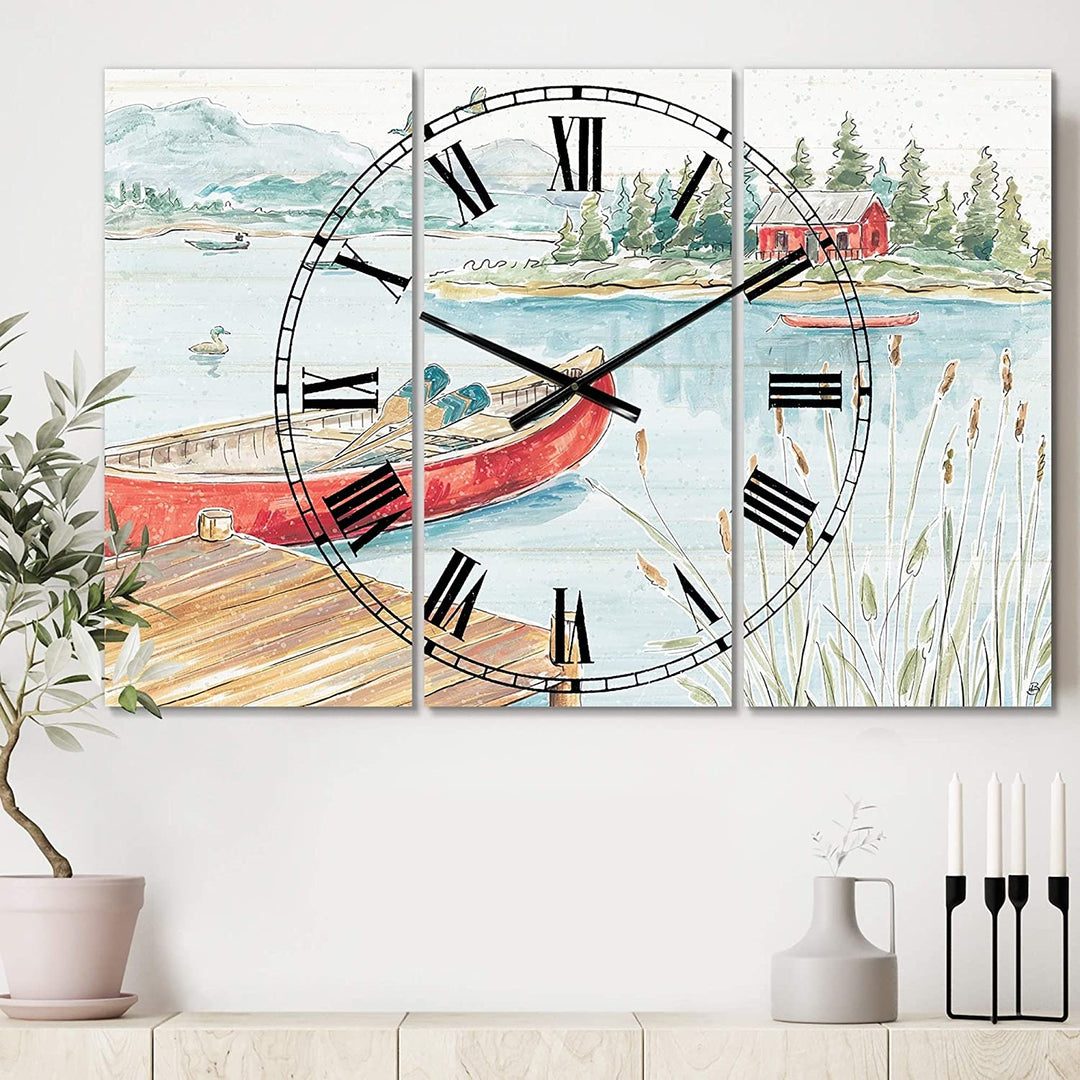 Lake House Canoes I' Cottage 3 Panels Large Wall Clock 36