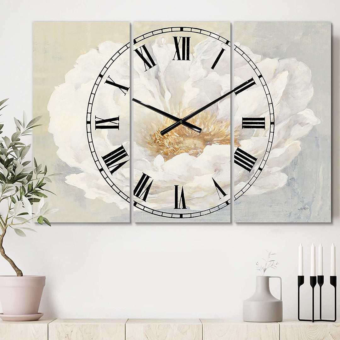 White Peony' Cottage 3 Panels Oversized Wall Clock 36 Wide X