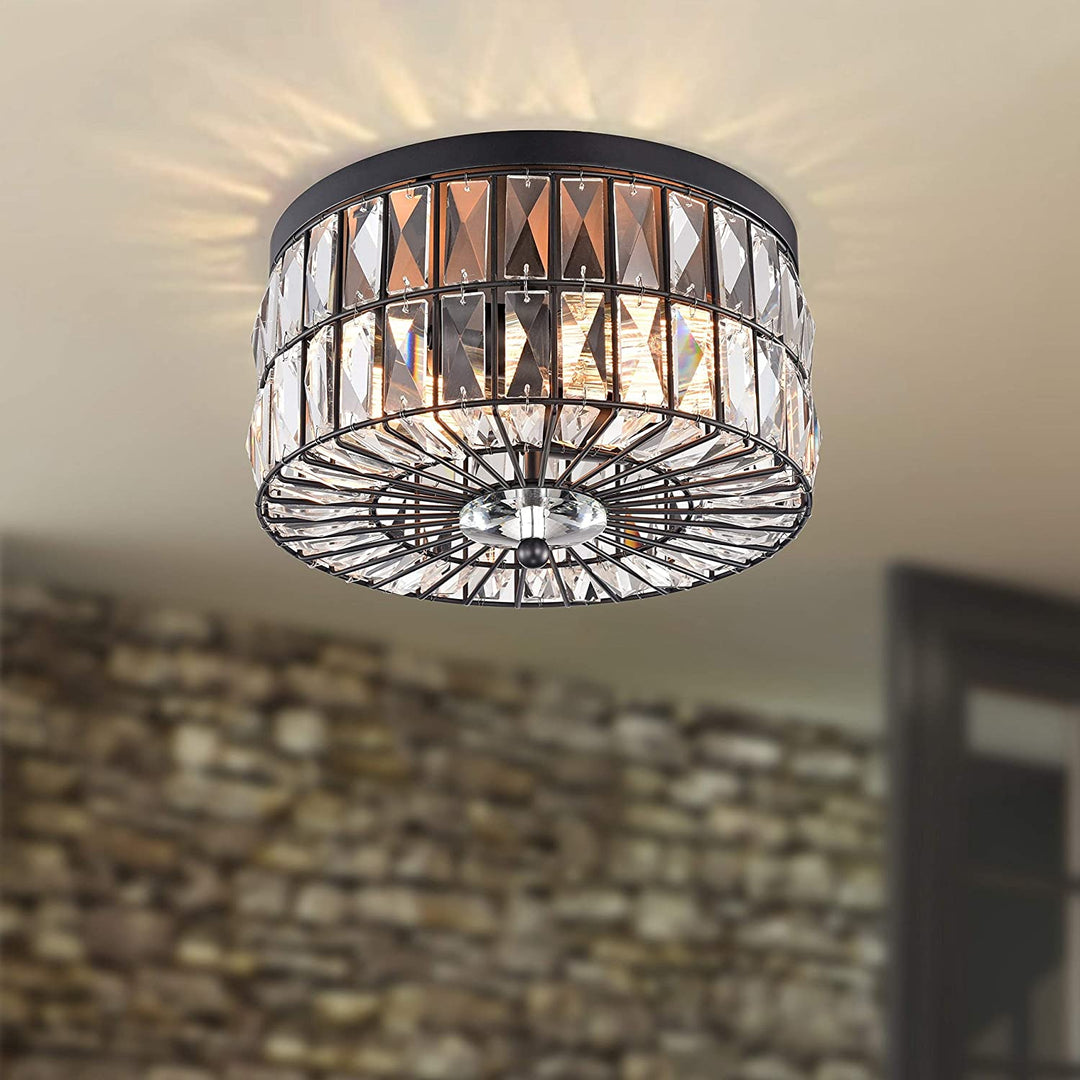 2 Light Crystal Glass Flush Mount Chandelier Black Glam