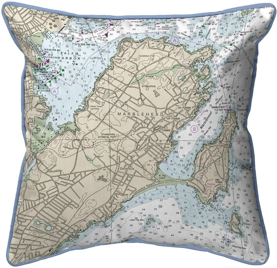 Marblehead Ma Nautical Map Pillow 18x18 Color Graphic