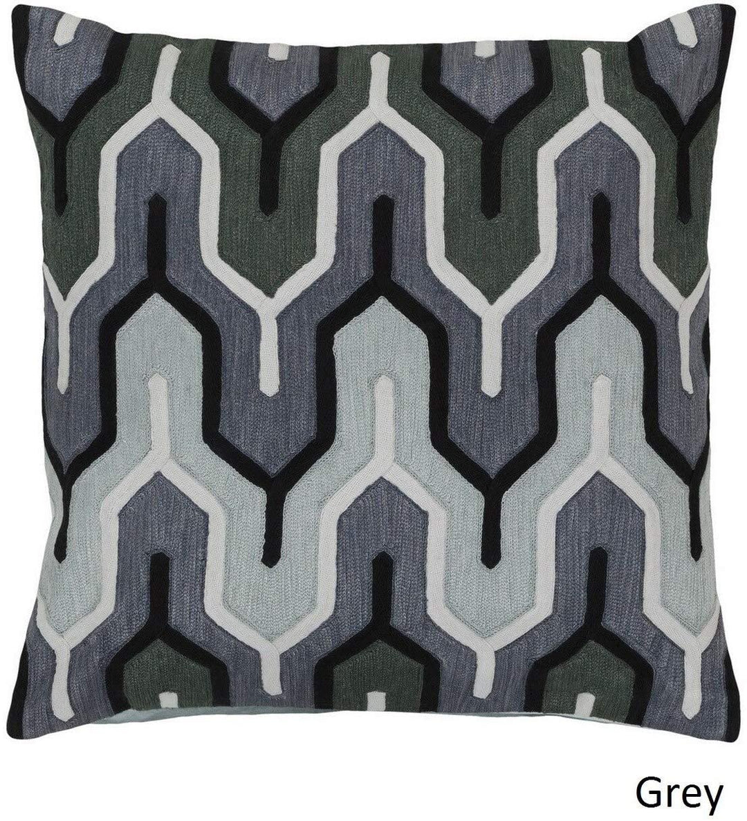 Decorative 18 inch Geometric Pillow Cover Grey Green Embroidered Patchwork Modern Contemporary Cotton Removable