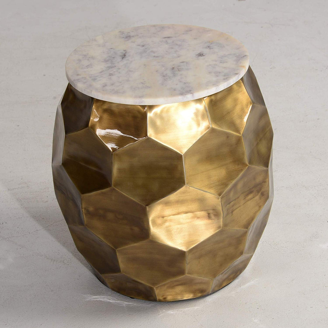 Modern Brass Drum End Table Living Room Barrel Shaped Accent Honeycomb Design Marble Top Iron