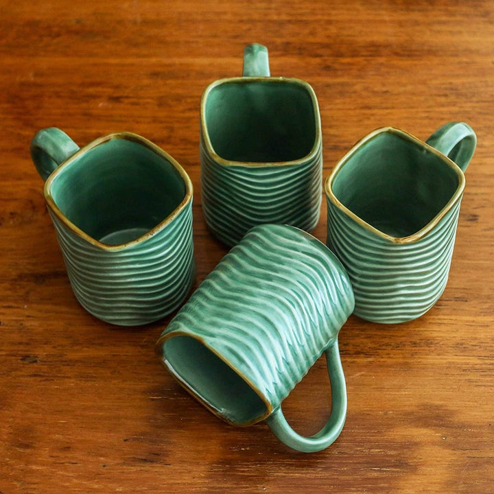 Handmade Banana Vibes Ceramic Mugs (Set 4)(Indonesia) Green Fruit Modern Contemporary Round 4 Piece - Diamond Home USA