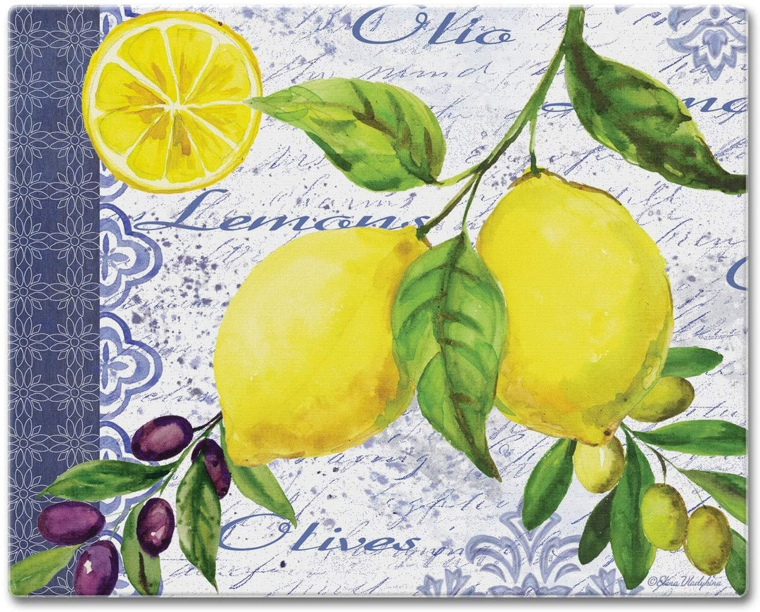 Glass Cutting Board/Saver 12"x15" Lemons Olives Color