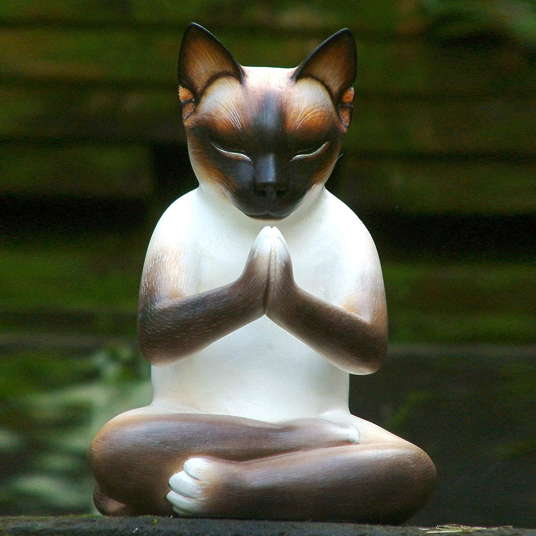 Kitty Meditates Handmade Cat Kitten Prayer Zen Buddhist White Black Feline Home Decor Desk Gift Wood - Diamond Home USA