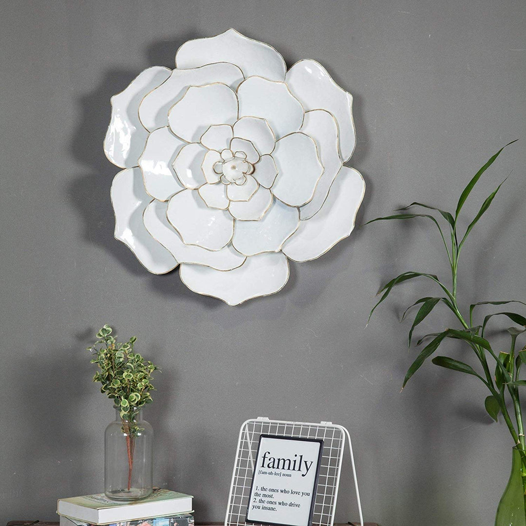 White Metal Flowered Wall Art 3D Hanging Flower Sculpture Metallic Gold Accents Living Room Bedroom Home Decor 24 inch Round Shape